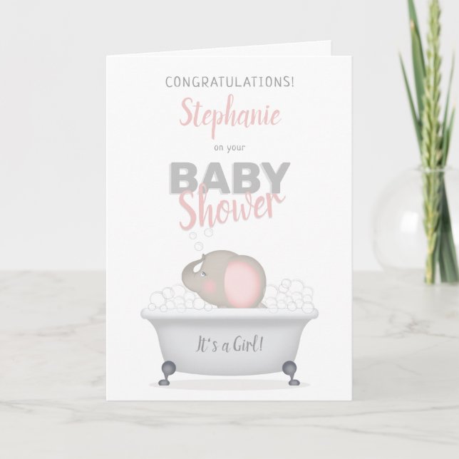 Tarjeta Baby Shower Chica de Baño de Elefante Búbico (Anverso)