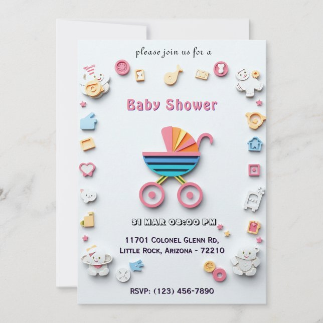 Tarjeta Baby Shower con apisonador y iconos cortos (Anverso)