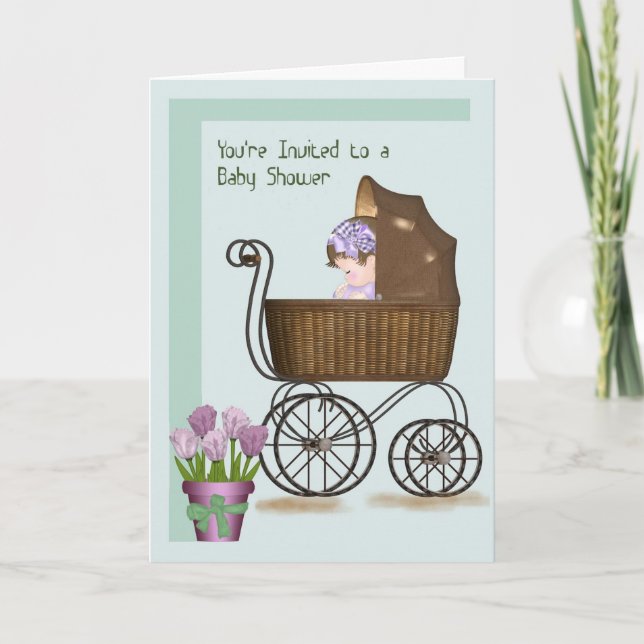 Tarjeta Baby Shower con bebé en retro Pram (Anverso)