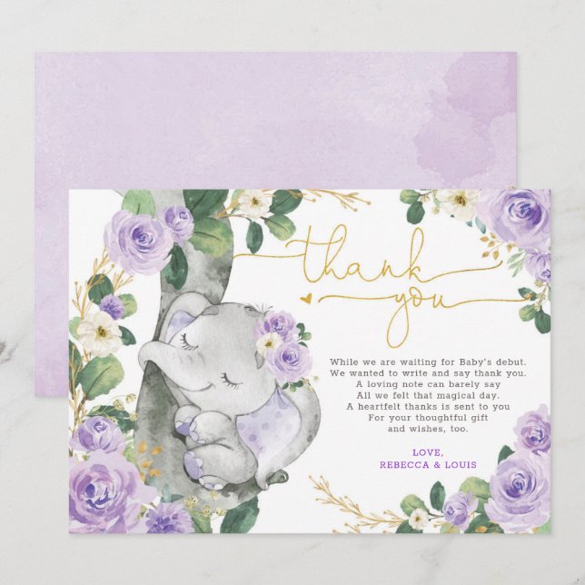 Tarjeta Baby Shower de agradecimiento a Elephant P (Anverso / Reverso)
