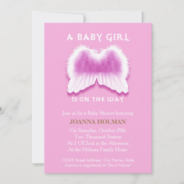 Tarjeta Baby Shower de Alas Ángel Rosa (Anverso)
