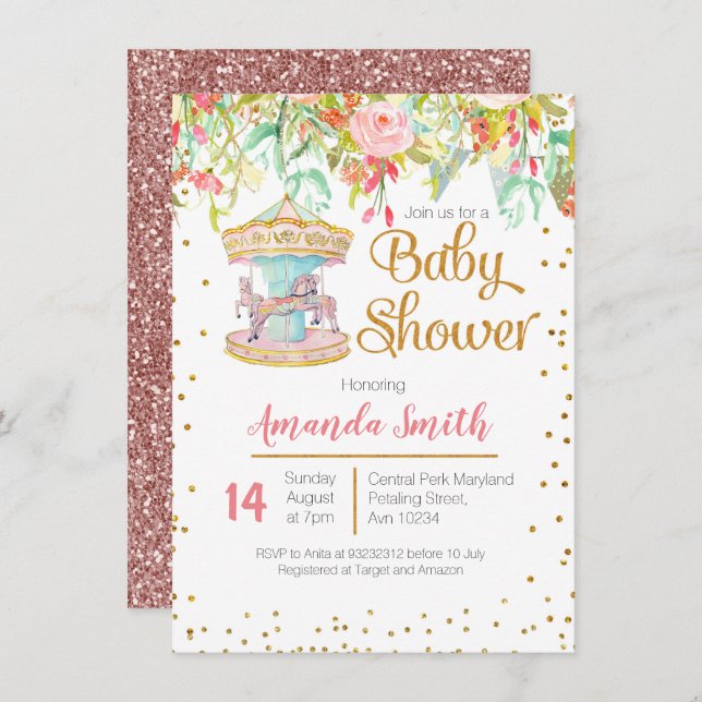 Tarjeta Baby Shower de caballo rosado (Anverso / Reverso)