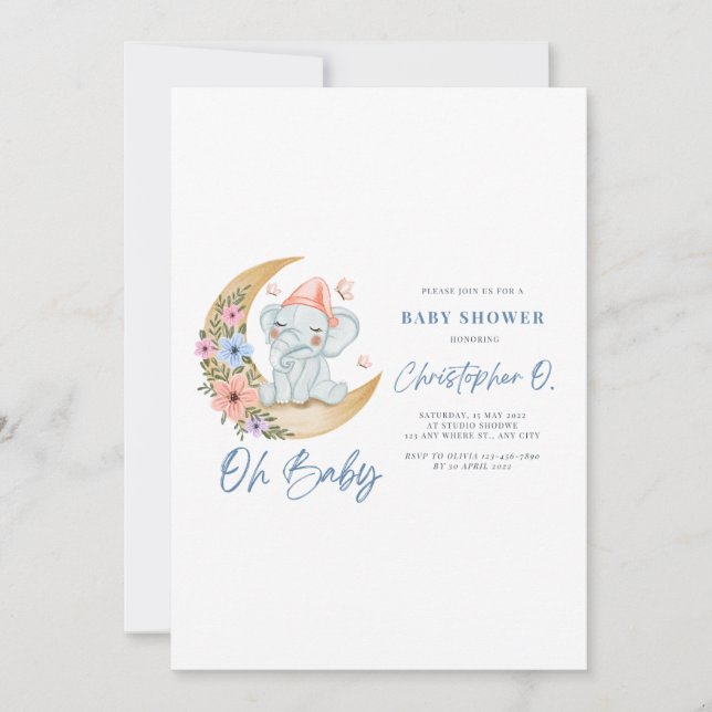 Tarjeta Baby Shower de color blanco y azul (Anverso)