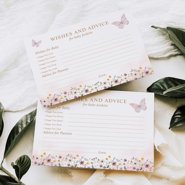 Tarjeta Baby Shower de deseos y consejos para mari (Wishes and Advice Butterfly and wildflower theme card)