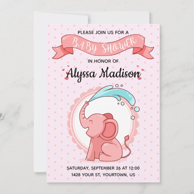 Tarjeta Baby Shower de Elefante Rosa (Anverso)
