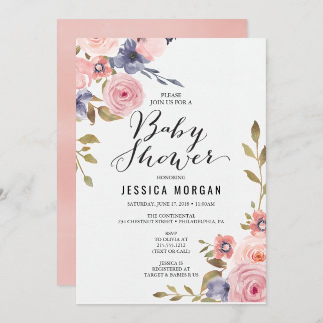 Tarjeta Baby Shower de invitación de chica Baby Sh (Anverso / Reverso)