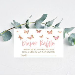 Tarjeta Baby Shower Diaper Raffle de mariposa rosa