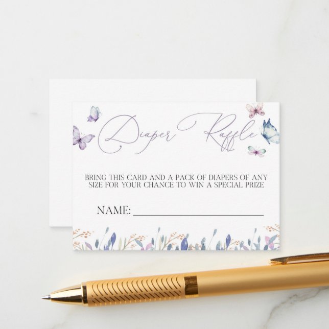 Tarjeta Baby Shower Diaper Raffle Purple Butterfly (Anverso/Reverso In Situ)