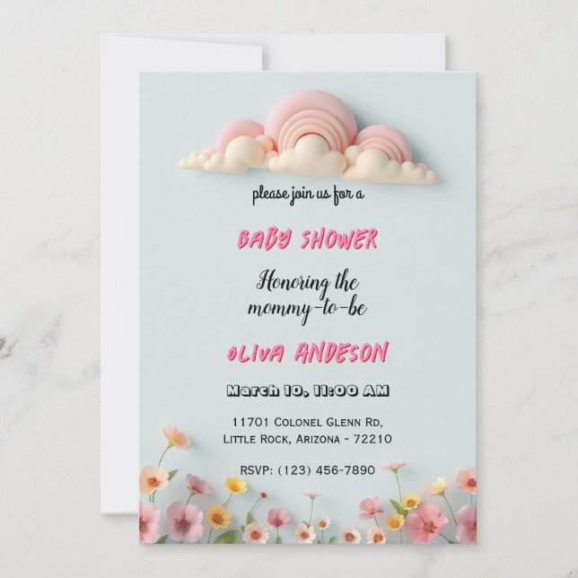 Tarjeta Baby Shower Dreamy Pastel Clouds and Flowe (Anverso)
