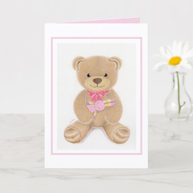 Tarjeta Baby Shower Girl Teddy Bear Folded Greeting Card (Planta pequeña)