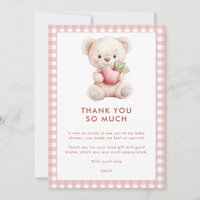 Tarjeta Baby Shower gracias a Apple Eye Gingham Bear (Anverso)
