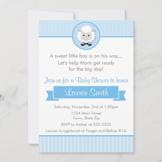 Tarjeta Baby Shower Invitación de Blue Lamb Boy 5x (Anverso)