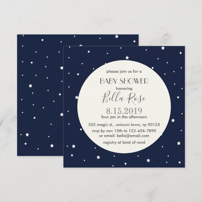 Tarjeta Baby Shower Midnight Blue Full Moon Star (Anverso / Reverso)