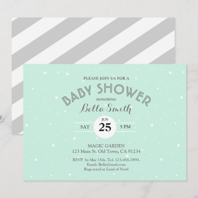 Tarjeta Baby Shower Mint Gray Stars White Stripes (Anverso / Reverso)