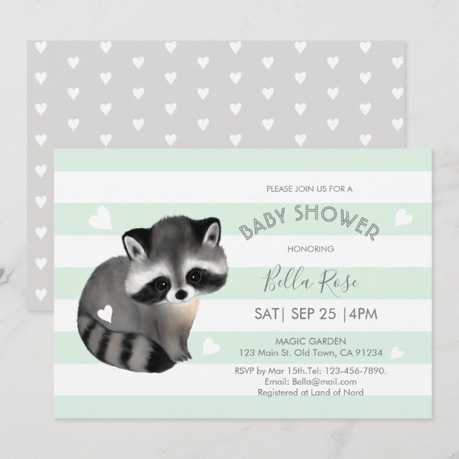 Tarjeta Baby Shower Mint Gray Stripes Raccoon Hear (Anverso / Reverso)