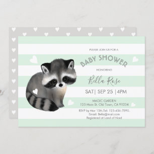 Tarjeta Baby Shower Mint Gray Stripes Raccoon Hear