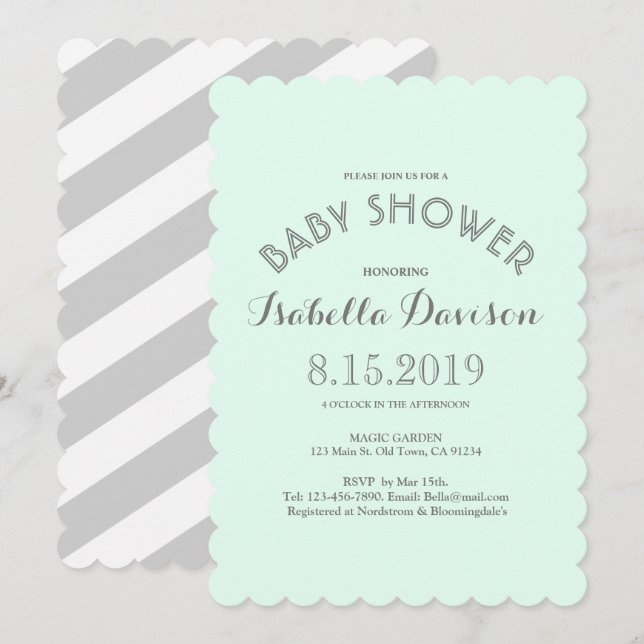 Tarjeta Baby Shower Mint Gray White Strips (Anverso / Reverso)