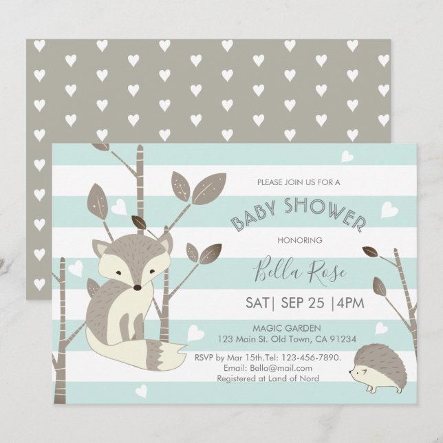 Tarjeta Baby Shower Mint Gray Woodland Fox Hedgeho (Anverso / Reverso)