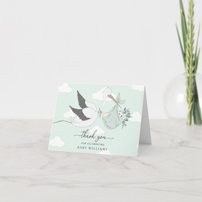 Tarjeta Baby Shower Mint Green Stork Gracias (Anverso)