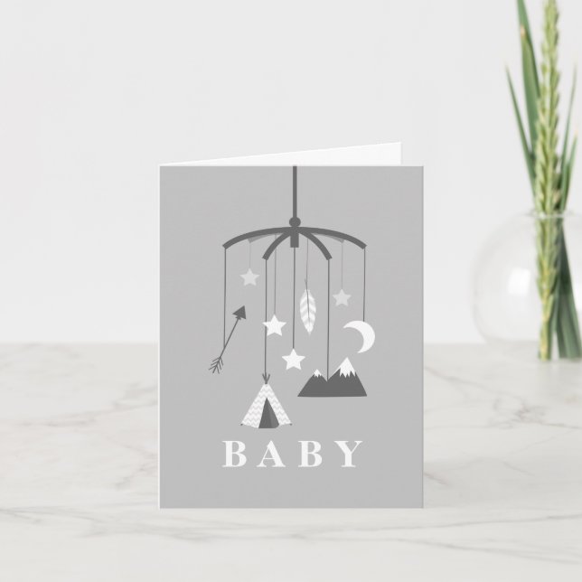 Tarjeta Baby Shower neutral móvil bohemio - gris (Anverso)