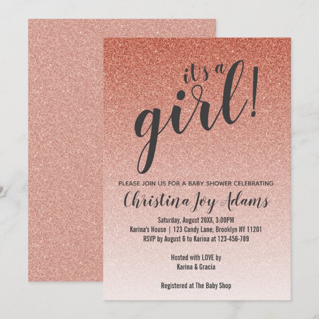 Tarjeta Baby Shower Ombre Chica Purpurina Rosa Gol (Anverso / Reverso)