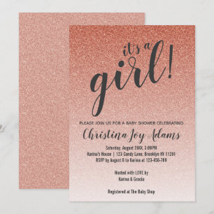 Tarjeta Baby Shower Ombre Chica Purpurina Rosa Gol