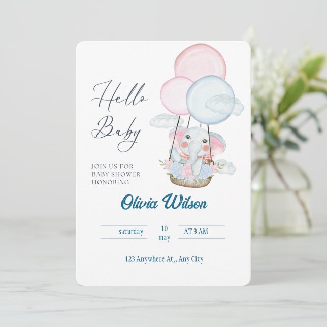 Tarjeta Baby Shower para elefantes caprichosos - D (Anverso de pie)