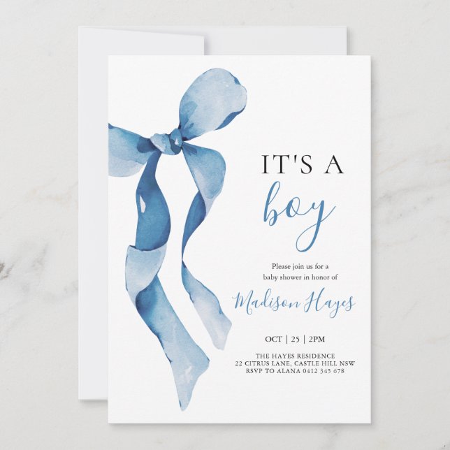 Tarjeta Baby Shower Pastel Blue Bow (Anverso)