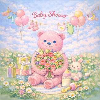 Tarjeta Baby Shower – Pink Bear Floral Illustration