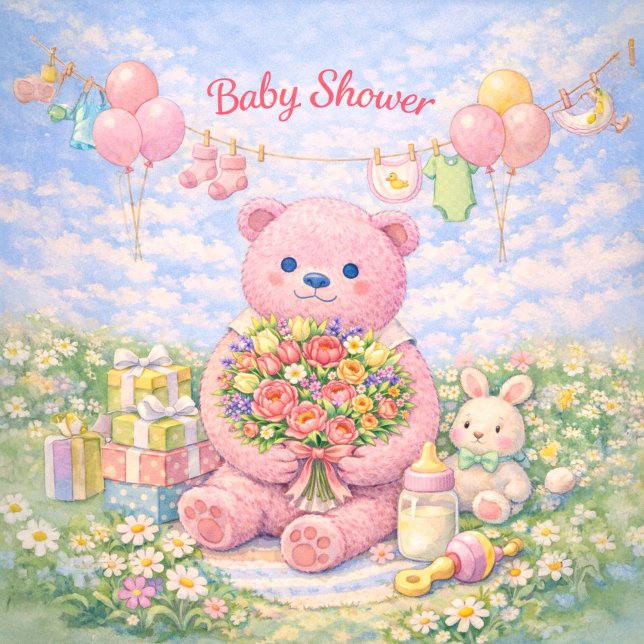 Tarjeta Baby Shower – Pink Bear Floral Illustration (Subido por el creador)