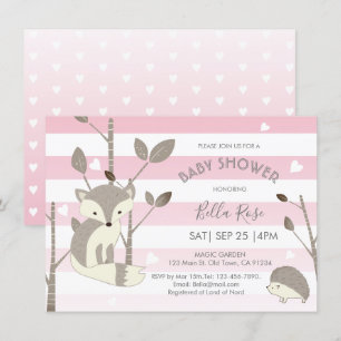 Tarjeta Baby Shower Pink Gray Heart Fox Hedgehog