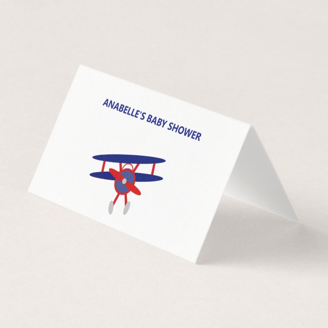 Tarjeta Baby Shower Place para avión azul y rojo (Anverso)