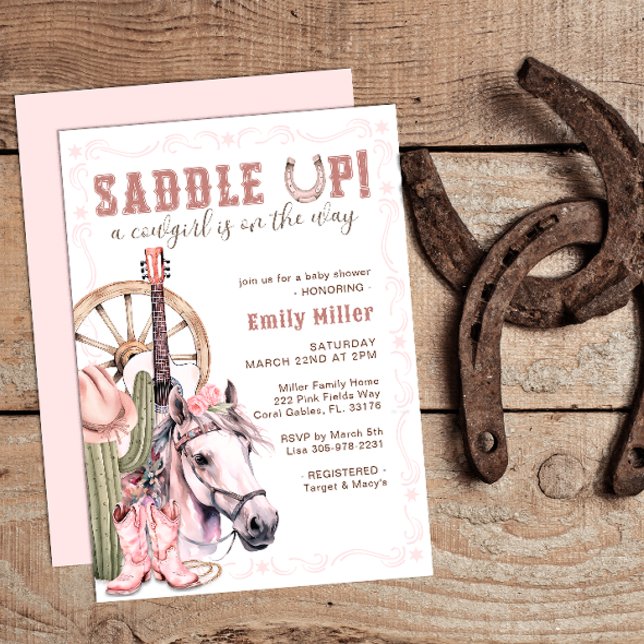 Tarjeta Baby Shower Saddup para lechera rosa occid (Pink Saddle Up Country Baby Shower Theme)
