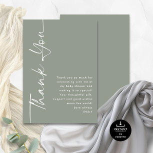Tarjeta Baby Shower Sage de caligrafía rotada Gracias