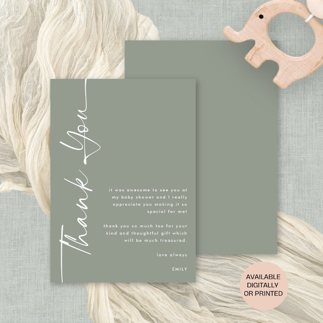 Tarjeta Baby Shower Sage de caligrafía rotada Gracias (Front and back view. Available digitally or printed.)