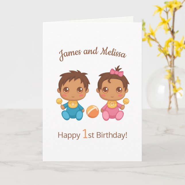 Tarjeta Baby Twins Boy Chica First Birthday Blank Card (flor amarilla)