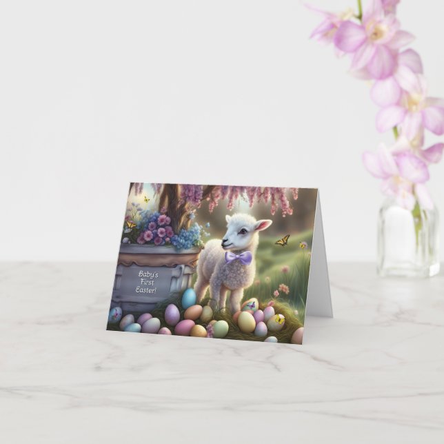 Tarjeta Babys Frist Easter with Cute Lamb Eggs (Orquídea)