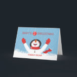 Tarjeta Babys Name First Christmas Snowman<br><div class="desc">¡Esta será una tarjeta de keepsake para el pequeño en la primera Navidad! Personalice el nombre,  niño o chica en el fondo del muñeco de nieve en la nieve. ¡El muñeco de nieve está llegando a tocar los copos de nieve y degustando algunos!</div>