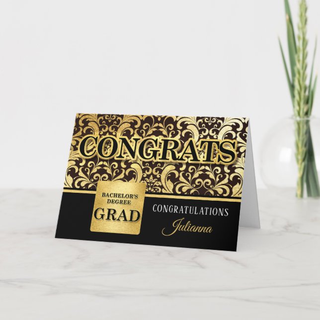 Tarjeta Bachelor's Degree Grad in Faux Gold Foil with Name (Anverso)