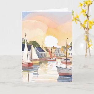 Tarjeta Bahía de Barcos Pintura en Acuarela de Océano Co