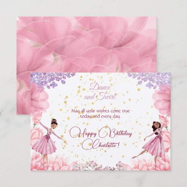 Tarjeta Bailar y twirina feliz cumpleaños (Anverso / Reverso)