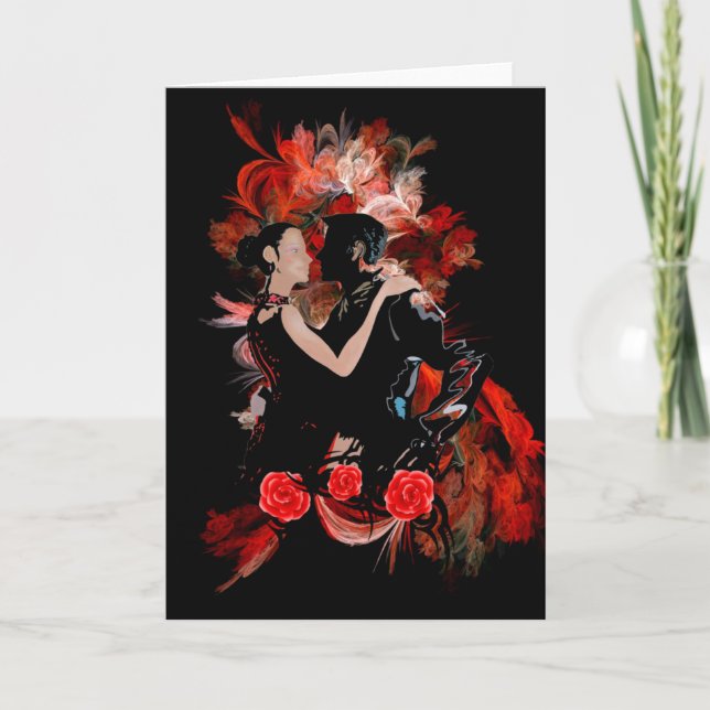 Tarjeta Bailarines románticos del tango en fractal rojo (Anverso)