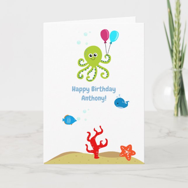 Tarjeta Bajo el mar Octopus Boy Birthday Greeting (Anverso)