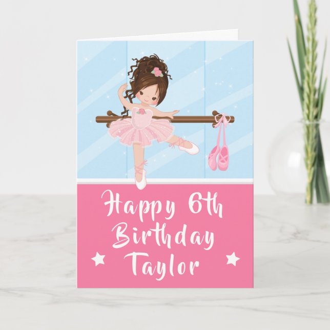 Tarjeta Ballerina Brown Hair Chica Pink Happy Birday Card (Anverso)