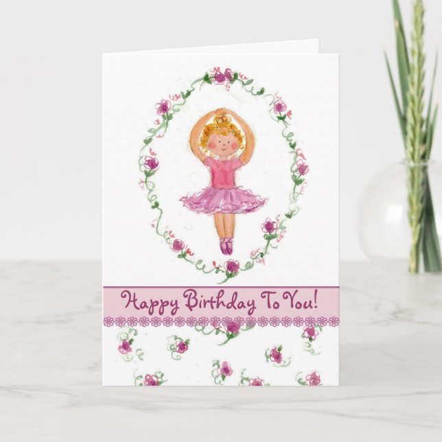 Tarjeta Ballerina Chica Happy Birday Card Roses rosados (Anverso)