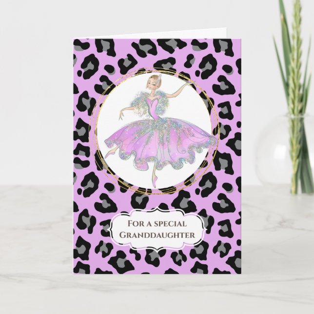 Tarjeta Ballerina en leopardo de cumpleaños de nieta rosa (Anverso)