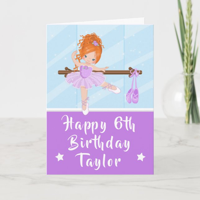 Tarjeta Ballerina Red Hair Chica Purple Happy Birday Card (Anverso)