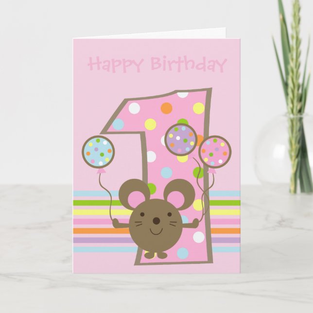 Tarjeta Balloon Mouse Pink Happy First Birday Card (Anverso)