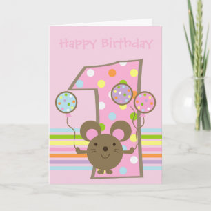 Tarjeta Balloon Mouse Pink Happy First Birday Card
