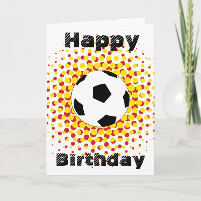 Tarjeta Balón de fútbol con rojo y amarillo, feliz cumplea (Anverso)